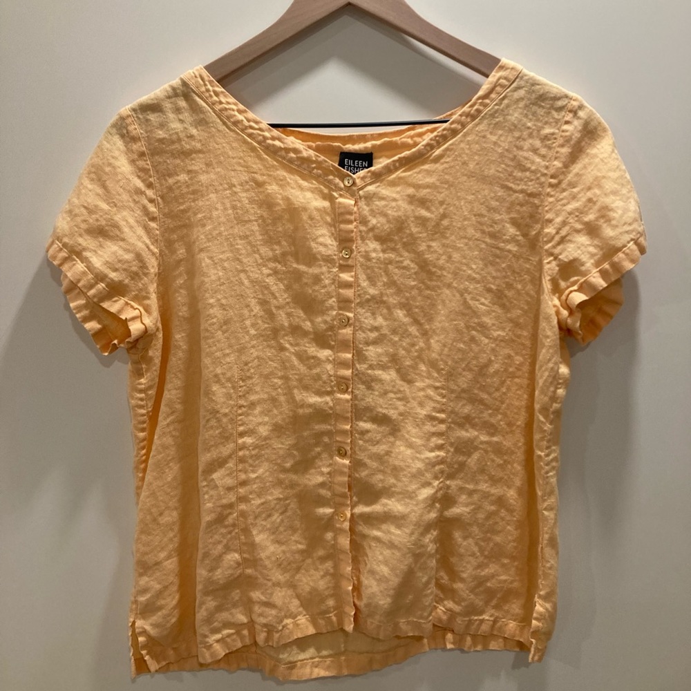Eileen Fisher Pale Yellow Button-Down Linen Short Sleeve Top